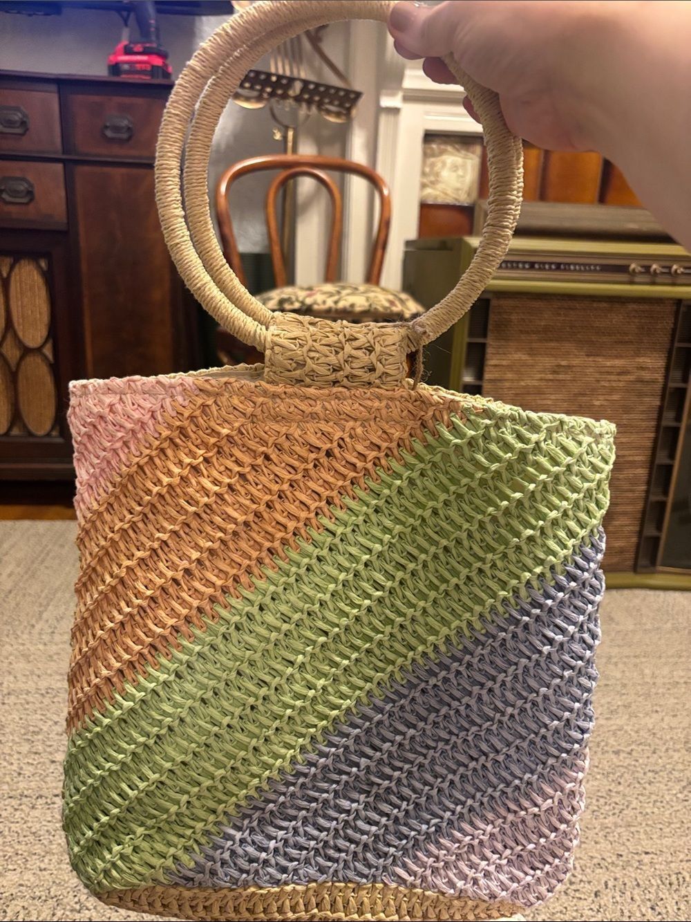 Art Class Woven Pastel Straw Tote Bag with Round Handles